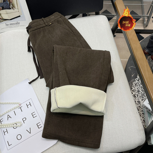 女装 加绒休闲宽松拖地灯芯绒裤 窄版 胖mm冬季 子潮 直筒裤 胡子叔大码