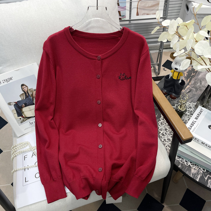 胡子叔大码女装新年红针织开衫外套春秋韩版小猫刺绣洋气外搭毛衣,女装/女士精品,大码内搭,淘宝优惠券,粉丝福利购,淘宝优惠卷