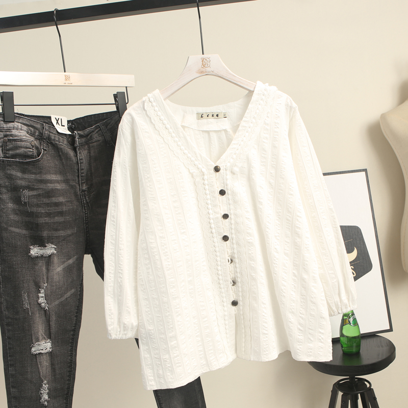 0微胖大码女装V领宽松遮肚衬衫