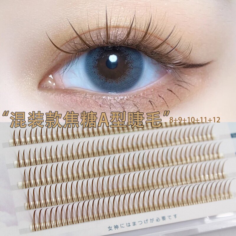 萌朔儿假睫毛自然焦糖色a型大容量单簇棕色朵毛眼睫毛混合长度