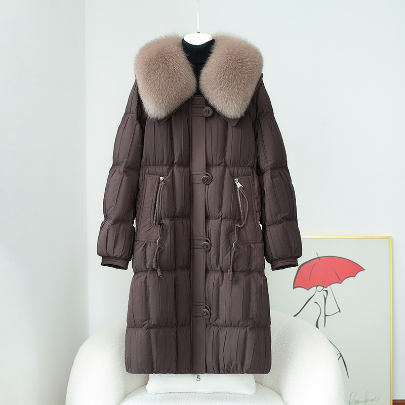 2025冬新款90白鹅绒羽绒服女外套中长款宽松狐狸毛领海宁皮草大衣