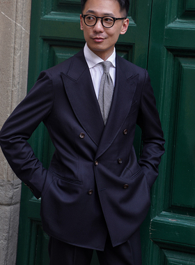 CM那不勒斯皇后深藏青色精纺全羊毛全麻衬男士双排扣西服套装478