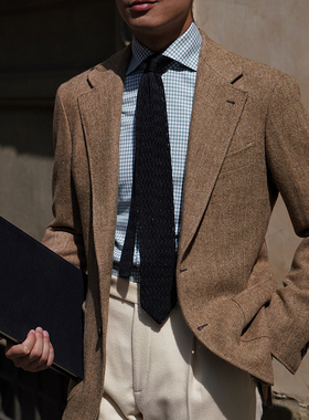 CM那不勒斯皇后姜黄全羊毛人字纹粗花呢全麻衬商务休闲西服上衣1