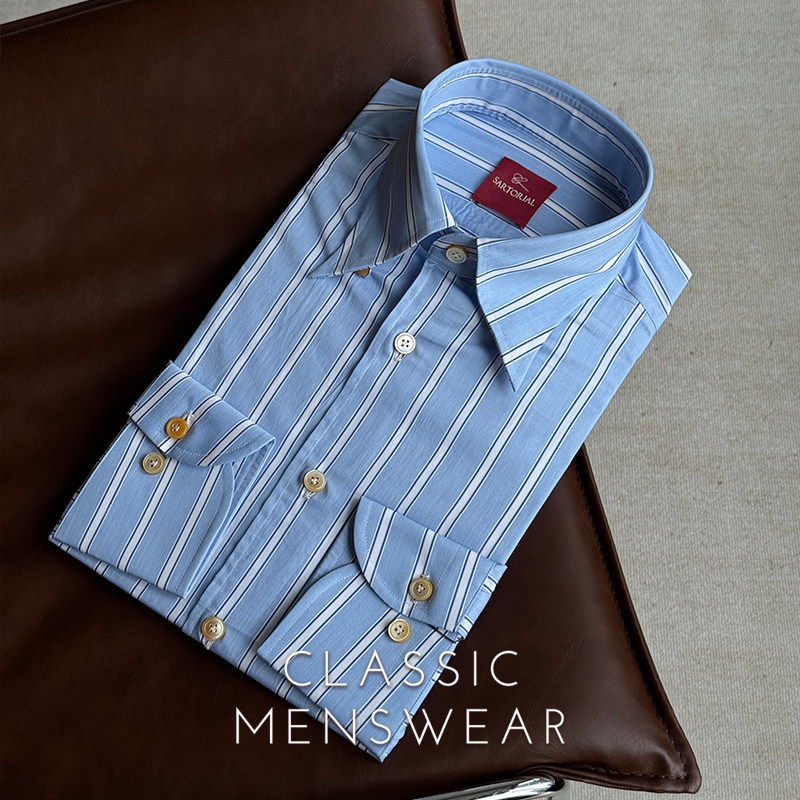 CM那不勒斯皇后Albini意产淡蓝多股条纹全棉三步手工衬衫系列38