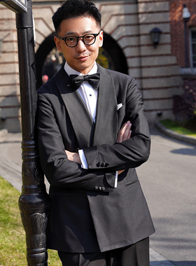 CM那不勒斯皇后优雅黑色全羊毛青果领双排扣晚宴礼服套装219