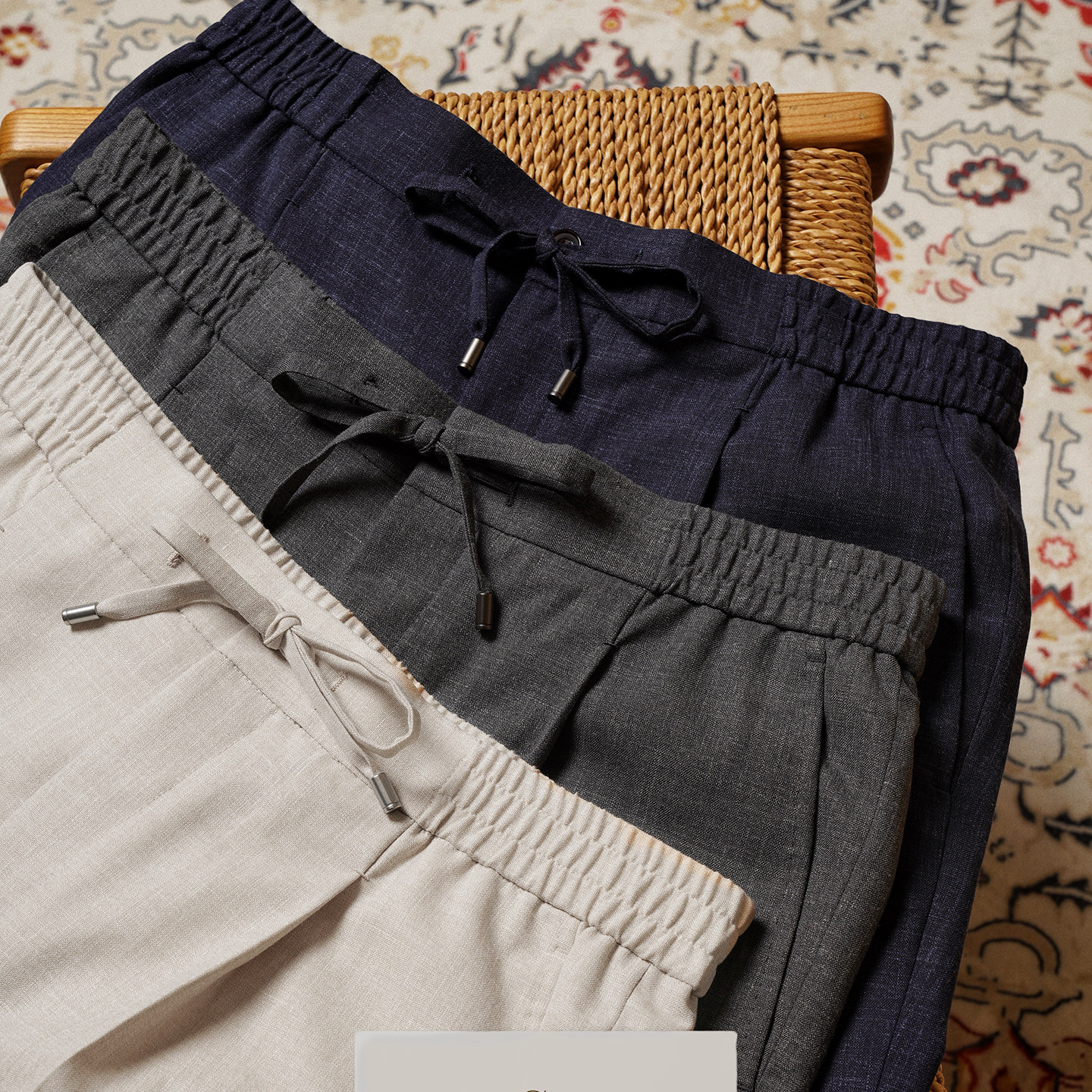 CM那不勒斯皇后花纱混色丝毛麻混纺春夏中高腰休闲抽绳西裤