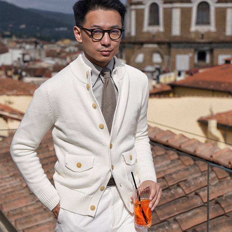 cm那不勒斯皇后意式经典米白长绒棉羊绒混纺针织A1夹克开衫