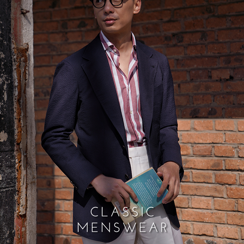 CM那不勒斯皇后 Loro春夏藏青色泡泡纱丝羊毛混纺男士西装上衣