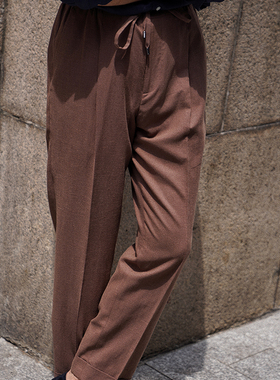 CM那不勒斯皇后罗马砖棕色棉麻混纺春夏抽绳中高腰西裤455