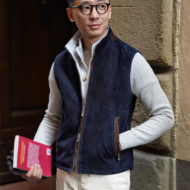 CM那不勒斯皇后藏青色头层绵羊翻绒羊皮拉链秋冬休闲防寒背心马甲