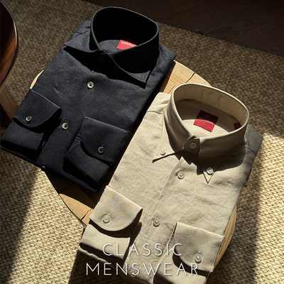 CM那不勒斯皇后经典沙色/墨蓝亚麻意式商务休闲男士长袖衬衫