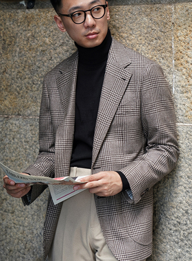 CM那不勒斯皇后咖色亲王格全羊毛全麻衬单排扣定制西装上衣243