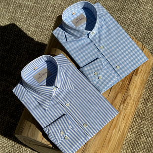 CM那不勒斯皇后淡蓝条纹/淡蓝格纹意式休闲男士长袖衬衫421/424