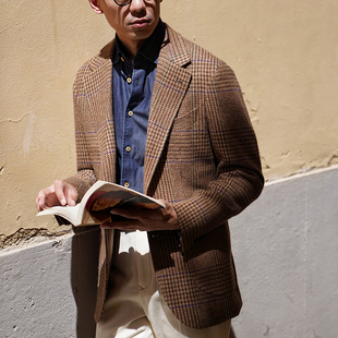 CM那不勒斯皇后咖色多股窗格全羊毛全麻衬男士西服638