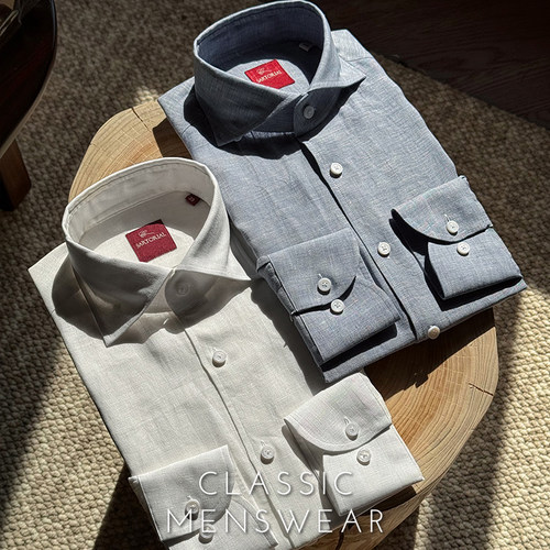 CM那不勒斯皇后经典白色/淡蓝亚麻意式商务休闲男士长袖衬衫