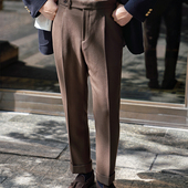 中高腰长裤 CM那不勒斯皇后棕咖色重磅斜纹羊毛精纺西裤 意式 158