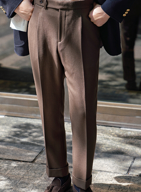 CM那不勒斯皇后棕咖色重磅斜纹羊毛精纺西裤意式中高腰长裤158