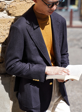 CM那不勒斯皇后Piacenza黑蓝色丝羊绒混纺秋冬全麻衬西服单西377