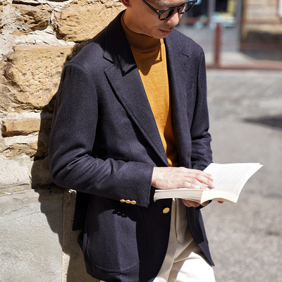 CM那不勒斯皇后Piacenza黑蓝色丝羊绒混纺秋冬全麻衬西服单西377