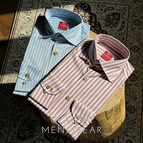 [CARMURAT]CM那不勒斯Albini意产粉/蓝条纹全棉三步手工衬衫16/19