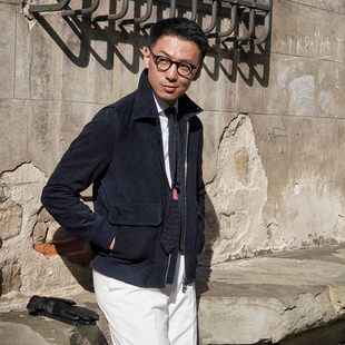 CM那不勒斯皇后藏蓝色非洲头层绵羊翻绒羊皮经典 A2飞行员立领夹克