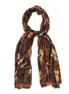 CM那不勒斯皇后经典轻薄美丽奴羊毛棕黄色赛马印花长披肩围巾