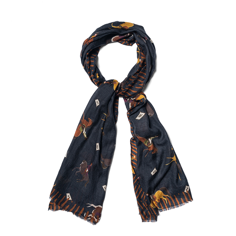 CM那不勒斯皇后经典轻薄美丽奴羊毛英式赛马图腾印花长披肩围巾
