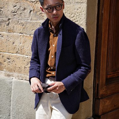 CM那不勒斯皇后藏青色粗花呢全羊毛全麻衬男士西服猎装486