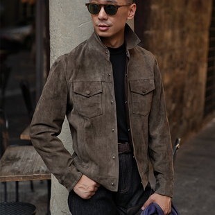 CM那不勒斯皇后橄榄色非洲头层绵羊翻绒羊皮经典布劳森夹克