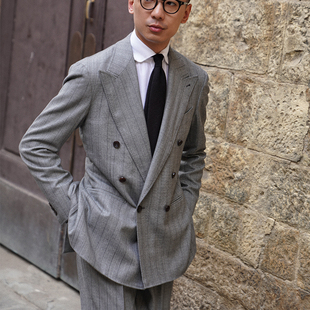 CM那不勒斯皇后意大利Drago 370 skyfall灰色鱼骨纹宽条法兰绒套装