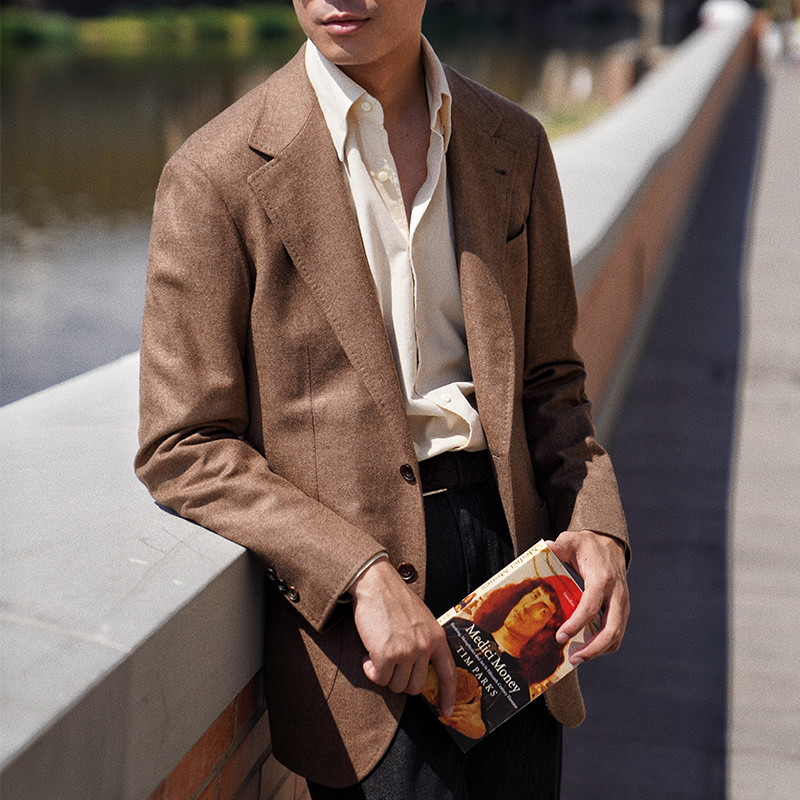 CM那不勒斯皇后Loro姜棕斜纹精纺羊绒混纺法兰绒全麻衬意式单西