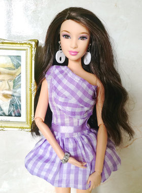 6分女孩玩具换装洋娃娃衣 服装配件超模FR 老版紫色方格子斜肩裙