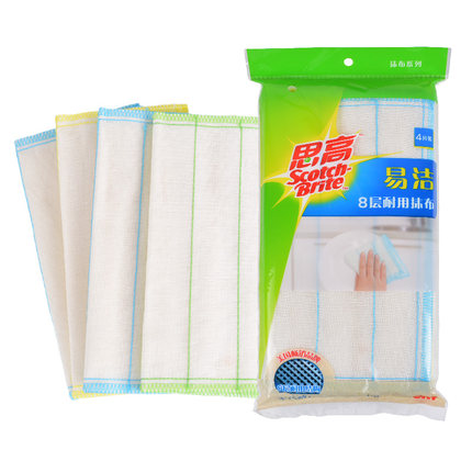 3m思高易洁8层耐用抹布4片装吸水抹布不沾油不掉毛灶台去污易清洗