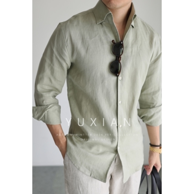 YUXIAN意式老钱100%亚麻休闲衬衫
