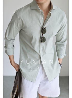 YUXIAN轻盈泡泡纱肌理纯棉透气吸湿速干休闲商务长袖衬衫春夏秋季