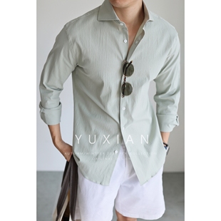 YUXIAN轻盈泡泡纱肌理纯棉透气吸湿速干休闲商务长袖衬衫春夏秋季