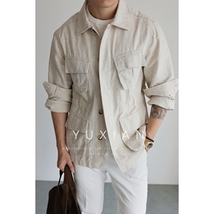 秋冬 夹克休闲商务老钱外套翻领男士 YUXIAN意式 苎麻棉天然M42猎装