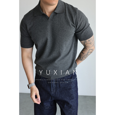 YUXIAN意式海鸥领棉质POLO短袖男