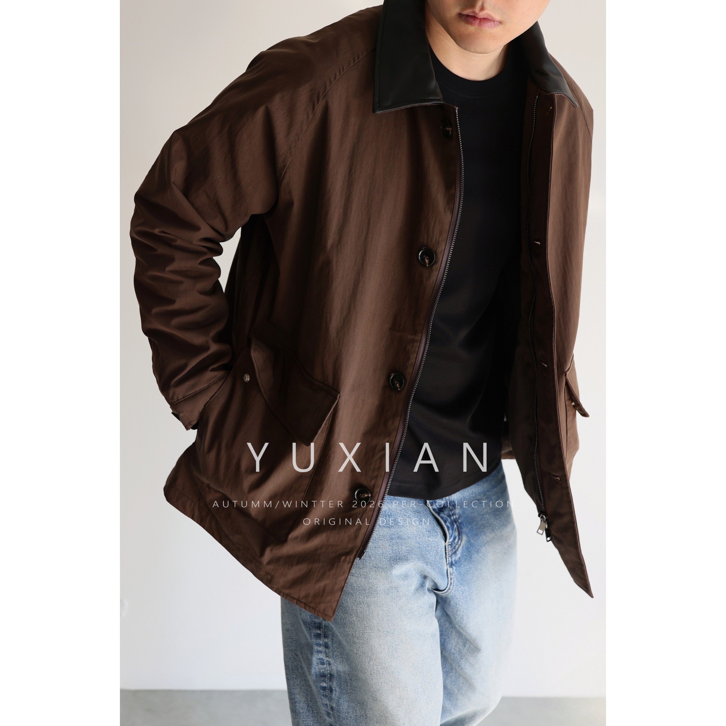 YUXIAN盐缩棉复古猎装薄款棉服拼接小羊皮翻领真皮夹克外套秋冬季