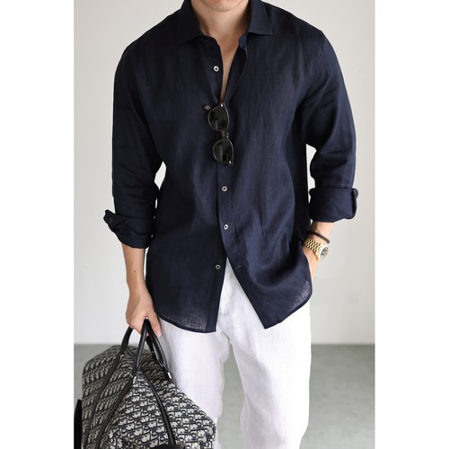 YUXIAN意式100%亚麻休闲商务长袖