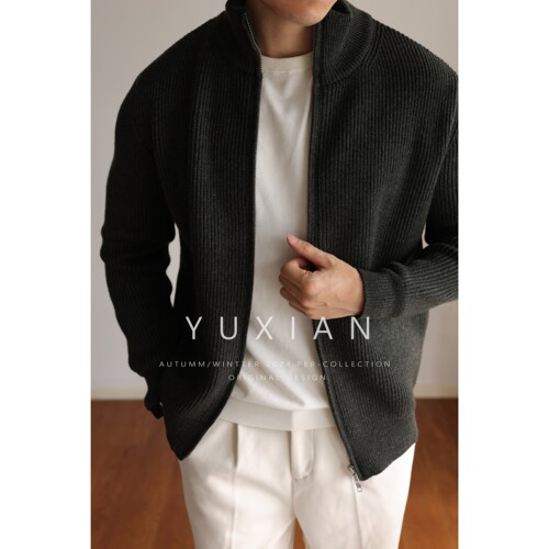 YUXIAN拉链立领坑条针织外套