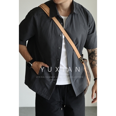 YUXIAN翻领短袖日系棉混纺衬衫