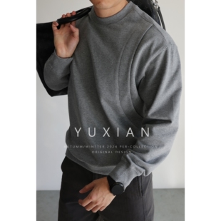 男士 重磅假两件挺阔纯棉圆领套头纯色卫衣长袖 秋冬 双股棉工艺