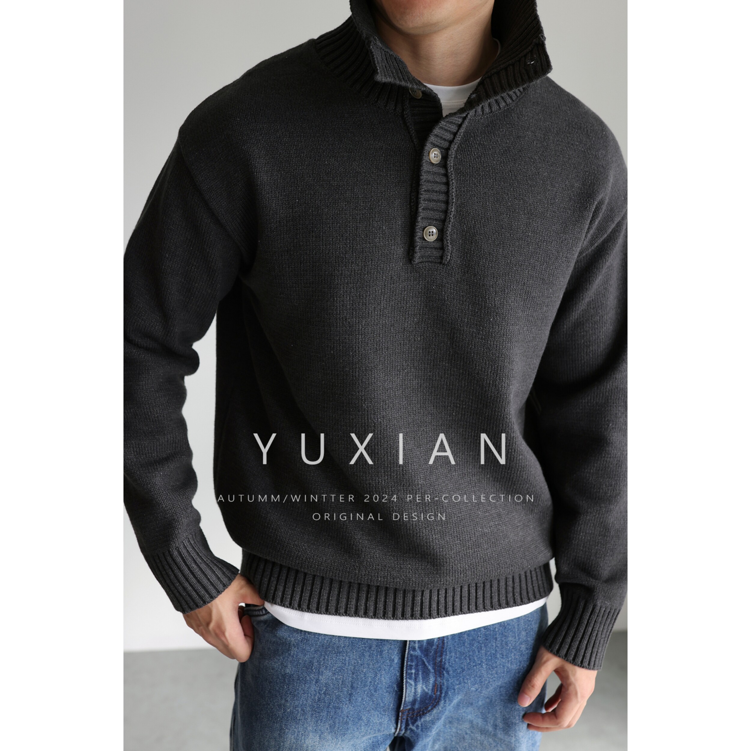 YUXIAN纽扣立领棉混纺针织毛衣