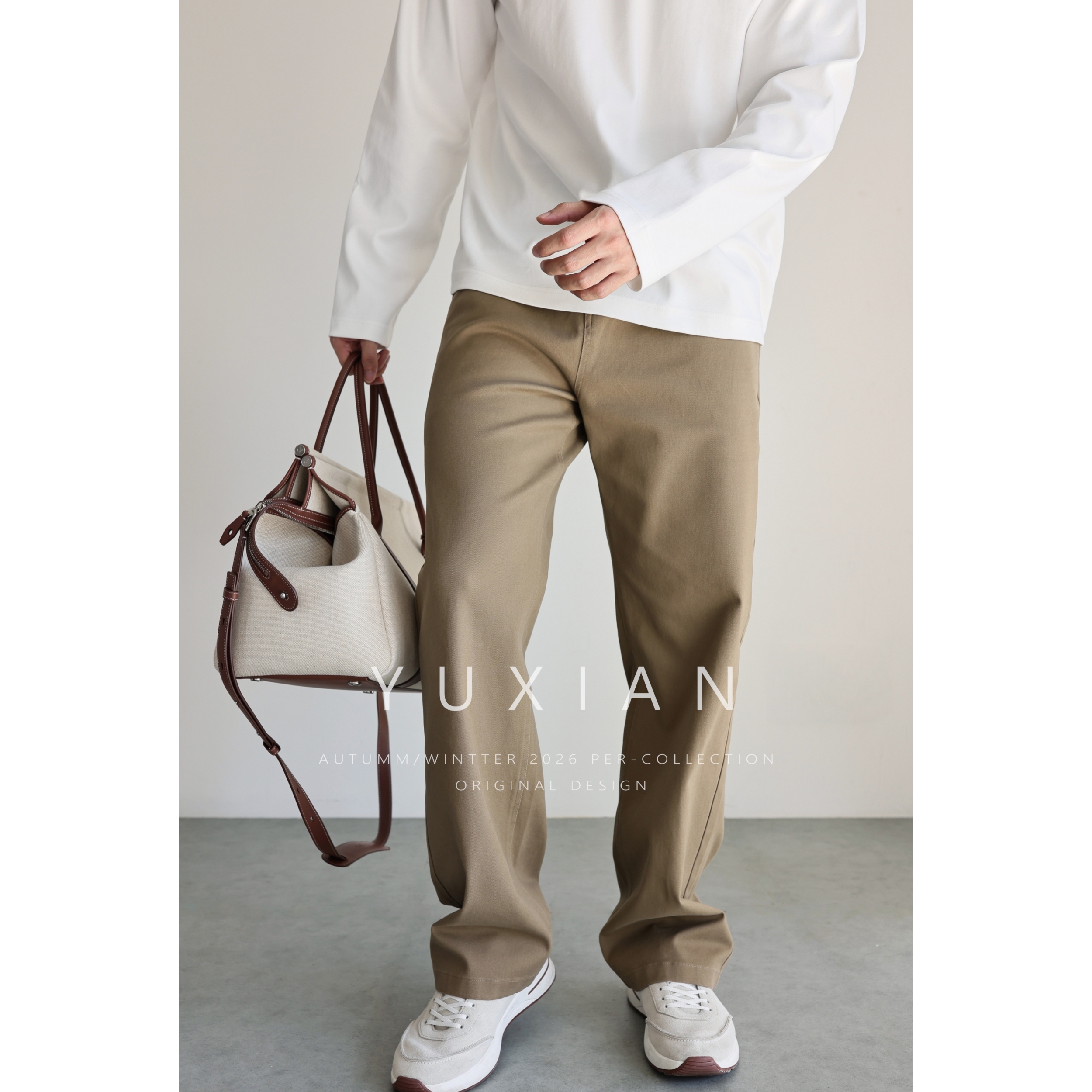 YUXIAN美式斜纹纯棉直筒长裤男士