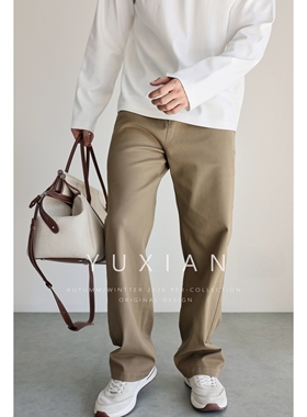 YUXIAN秋冬美式斜纹纯棉微弹直筒裤百搭纯色长裤透气休闲裤男士