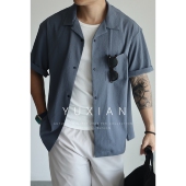 春夏季 YUXIAN美式 复古宽松短袖 开衫 泡泡纱轻薄透气古巴领衬衫 男士