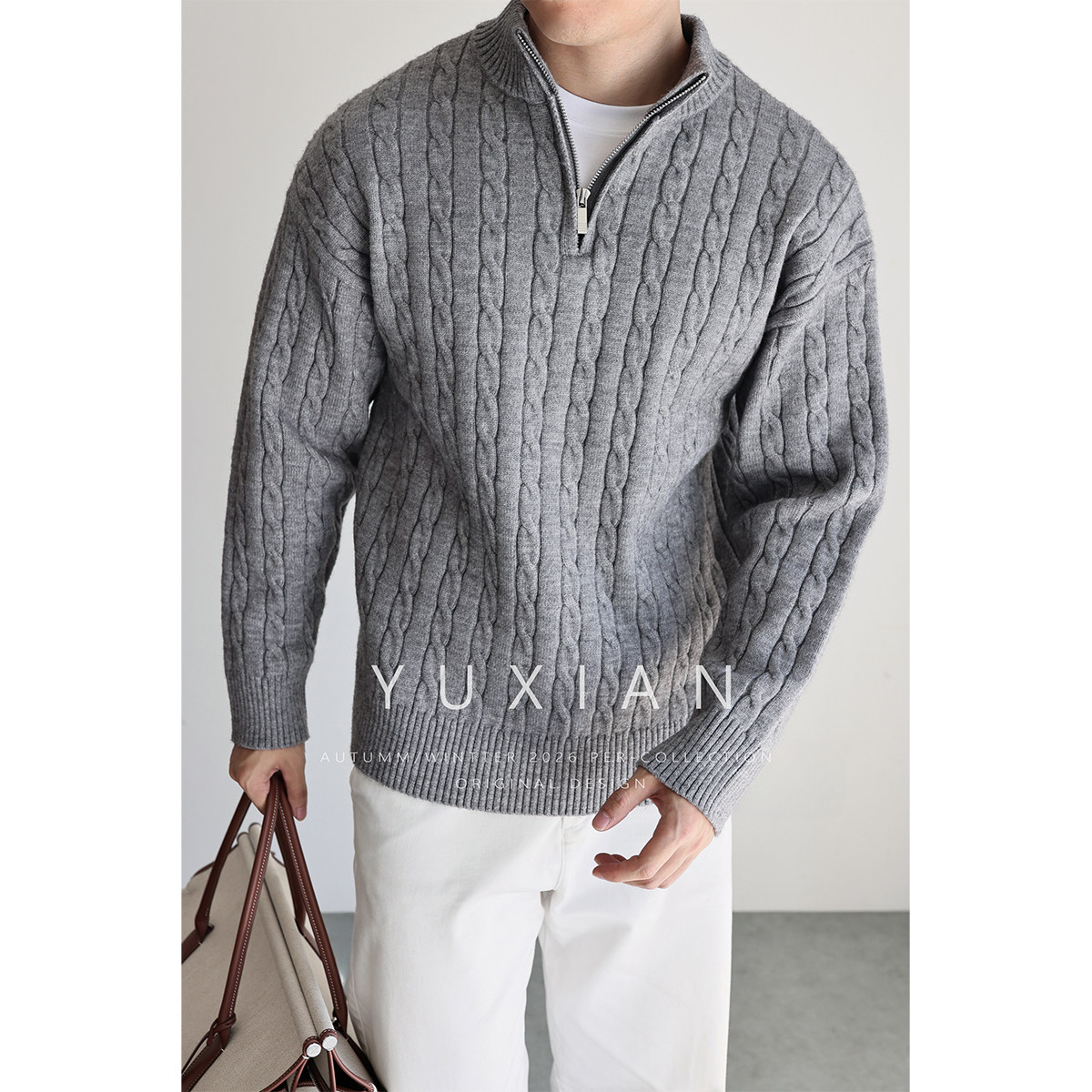 YUXIAN美式复古纽花半拉链休闲商务套头针织长袖保暖毛衣秋冬男士