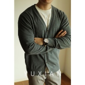YUXIAN余闲纯棉针织开衫 休闲商务秋冬 纯色V领薄男装 外套修身 长袖
