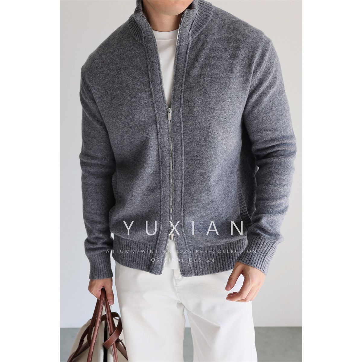 YUXIAN意式100%纯羊毛罗文拉链毛衣针织外套保暖复古休闲商务秋冬